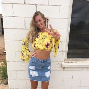 Yellow flower off the shoulder crop top